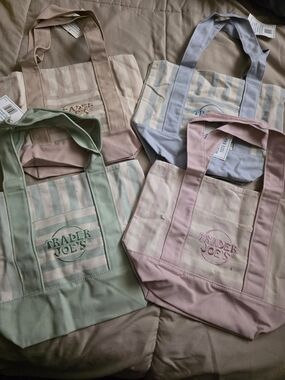 Trader Joe's Pastel Stripe Canvas Tote Bag - Pink, Green, Blue, Beige Lot